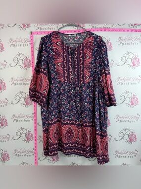 Chigant dress or long shirt paisley Boho Navy and Pink Floral Peasant Tunic